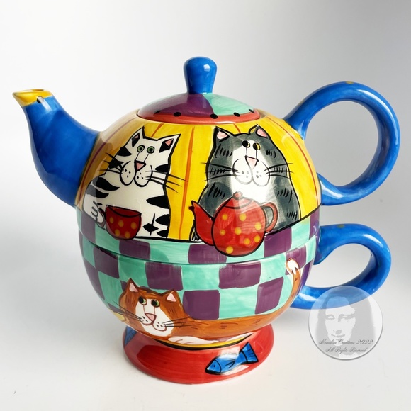 Ceramic Tea Pot Set 3pc Cup Lid Pot Catzilla by Candace Reiter 2001 Cat Lover - Picture 7 of 13
